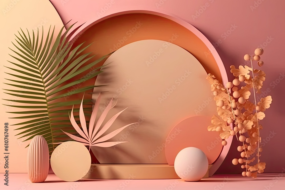 pink wall adorned with a potted plant and a vase. Generative AI