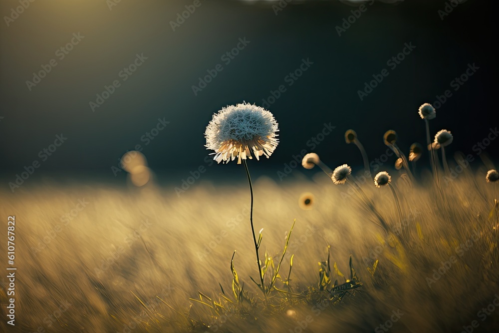 lone dandelion standing tall in a vast green field. Generative AI