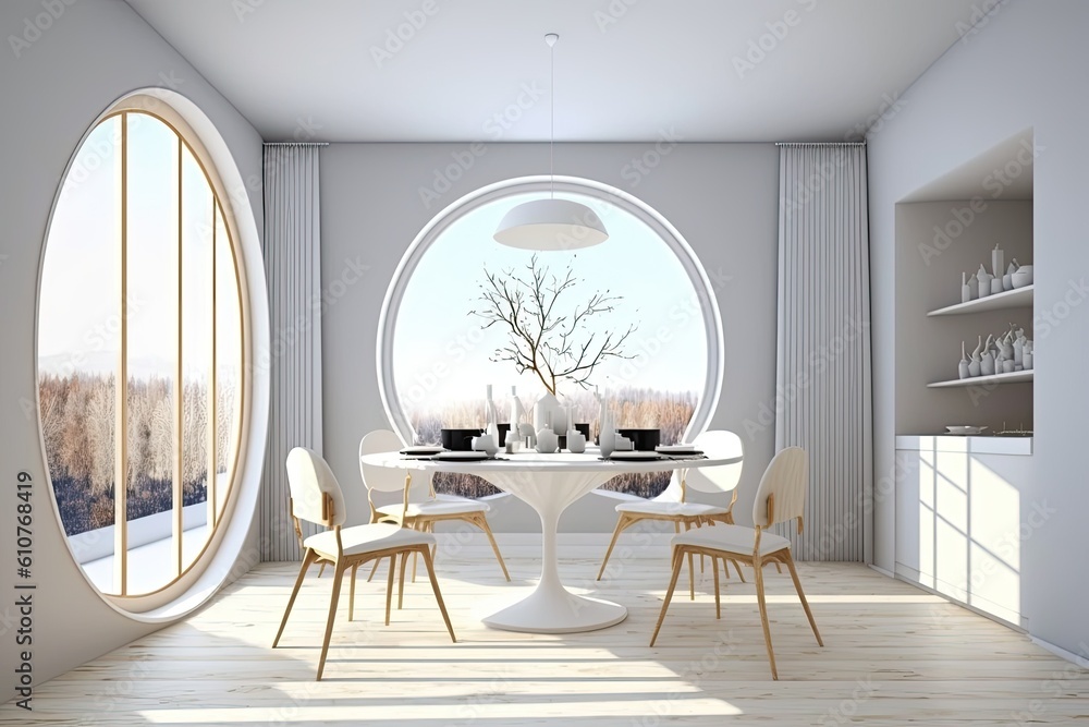 modern dining room with a circular window and a minimalist table setting. Generative AI