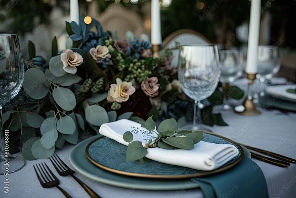 beautifully arranged dining table with place settings and cutlery. Generative AI