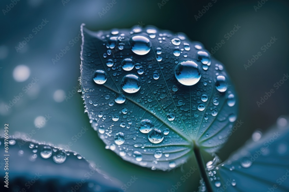 fresh green leaf covered with sparkling water droplets. Generative AI