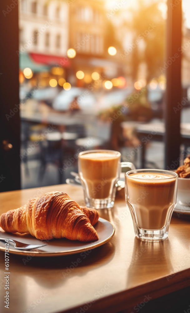 Baristas Delight: Inviting bar table with coffee and croissants, perfect for restaurant menus. Soft