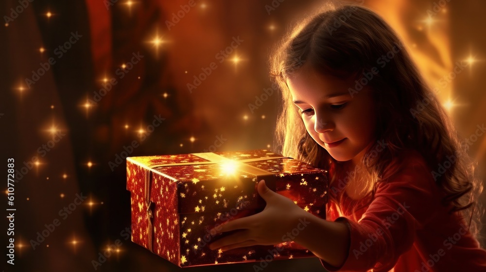 Girl with Christmas magic box. Illustration AI Generative.