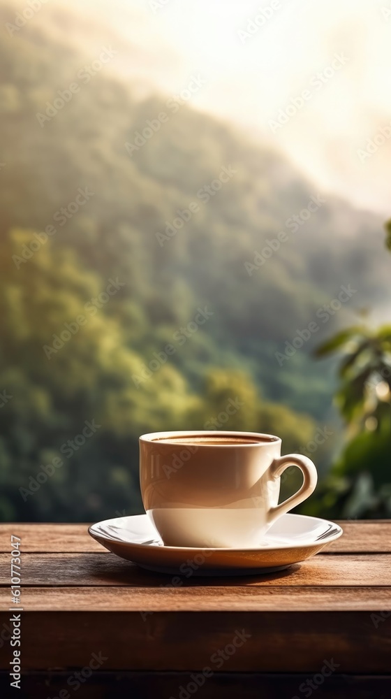 Cup of coffee on natural background. Illustration AI Generative.