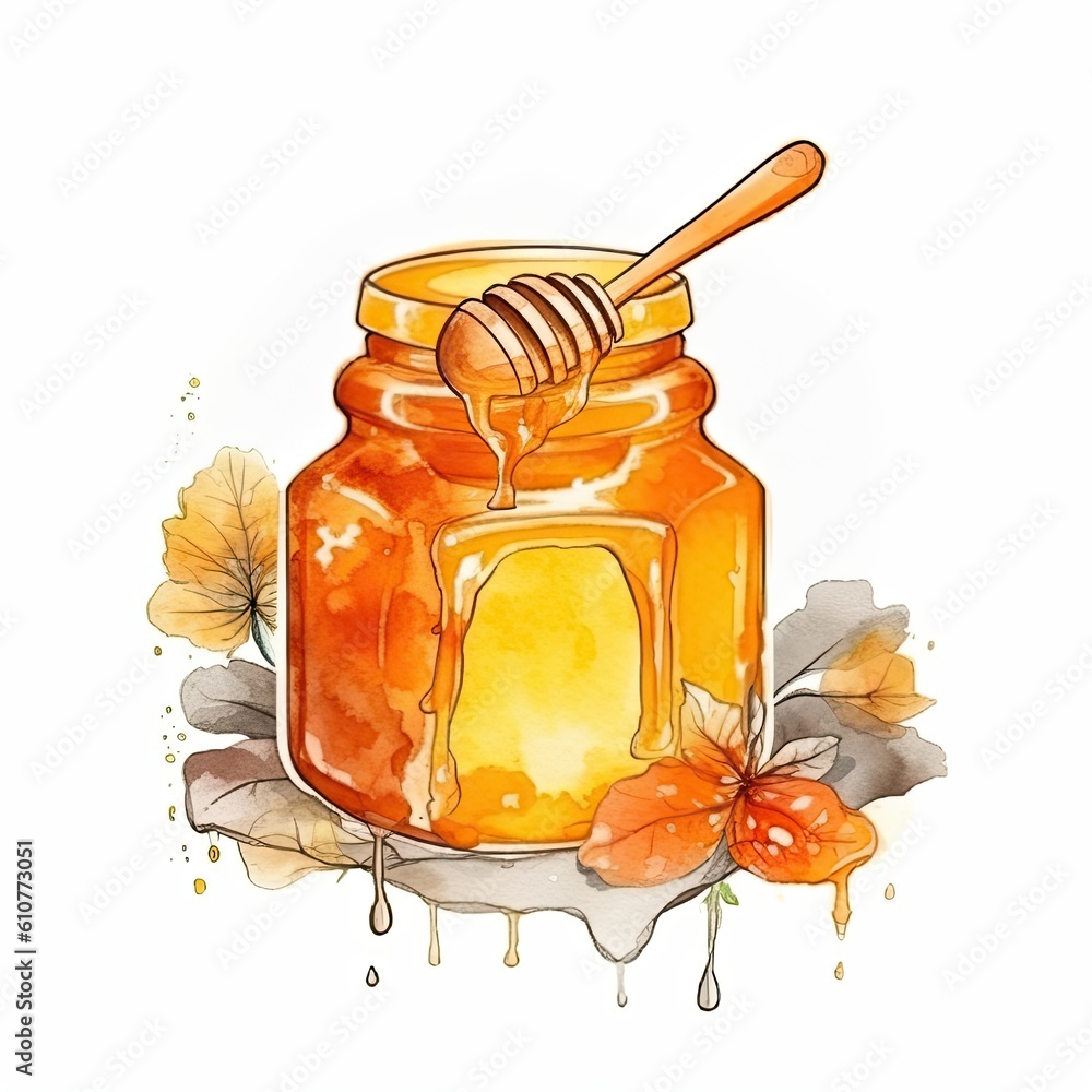 Watercolor honey jar with spoon. Illustration AI Generative.