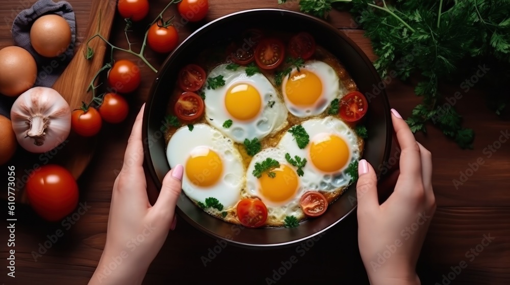 Frying pan with cooked eggs, herbs, cheese, tomatoes.  Illustration AI Generative.