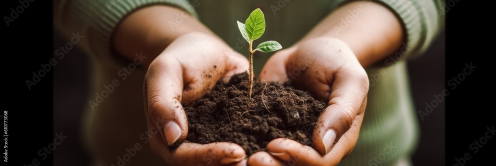 Hands holding green seedling, sprout over soil Illustration AI Generative