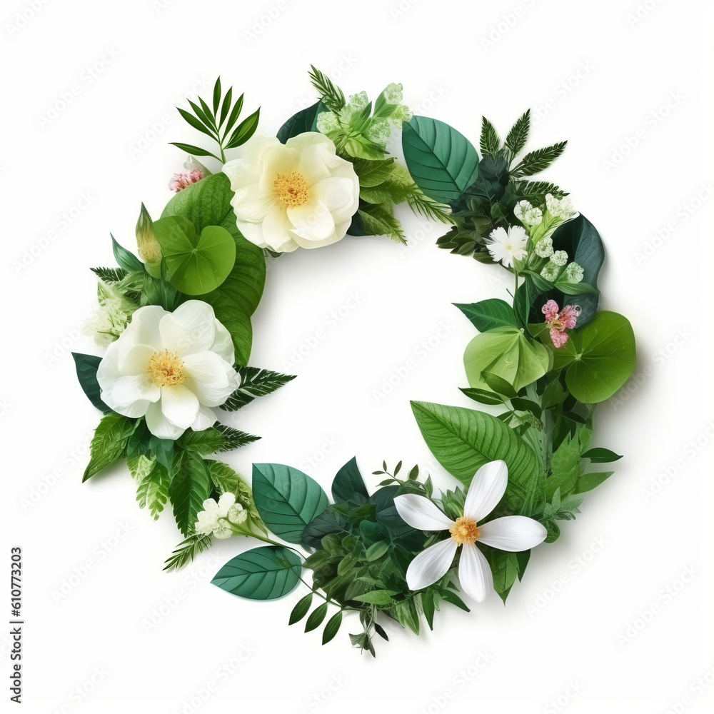 Green natural wreath on white. Illustration AI Generative.