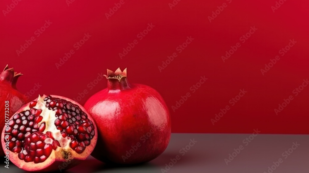 Pomegranate fruit on red background. Illustration AI Generative.