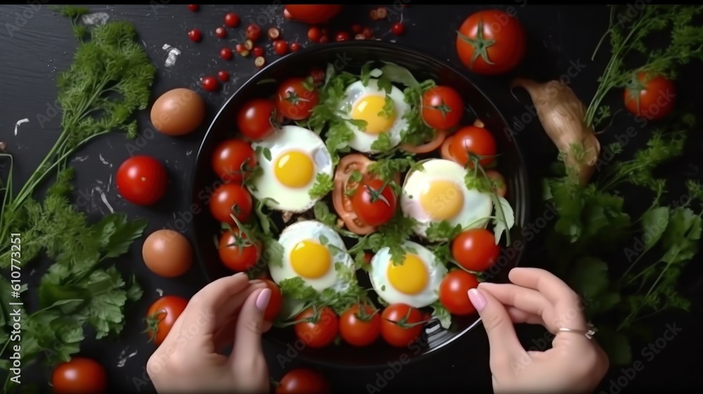 Frying pan with cooked eggs, herbs, cheese, tomatoes.  Illustration AI Generative.