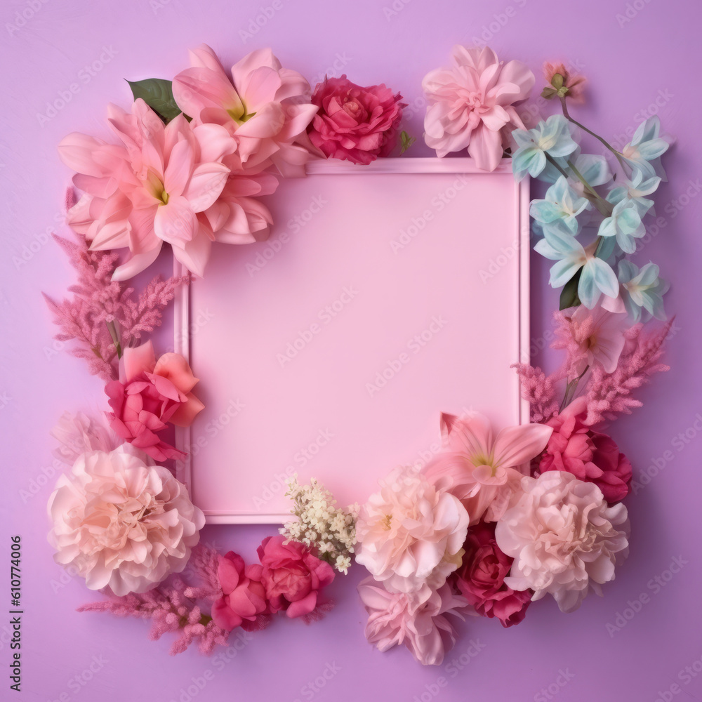 Pink empty frame with flowers. Illustration AI Generative.