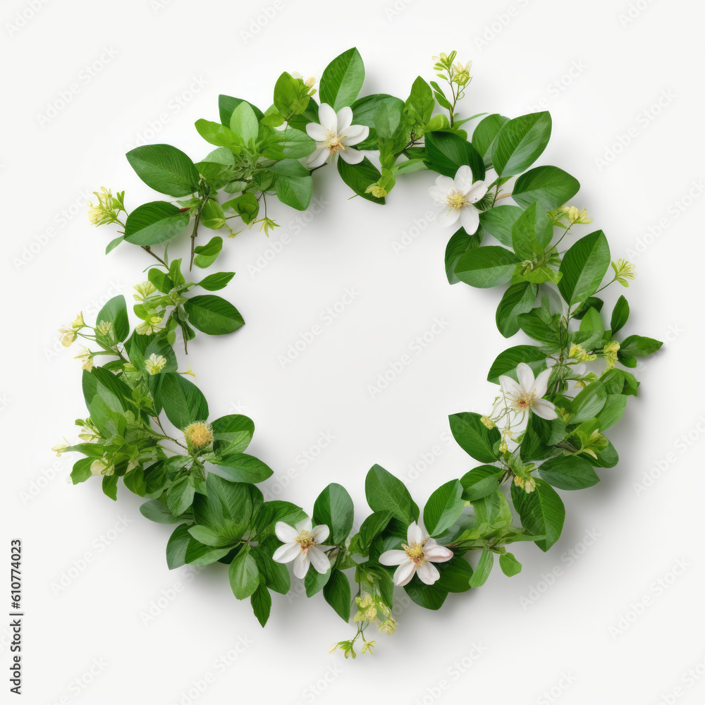 Green natural wreath on white. Illustration AI Generative.