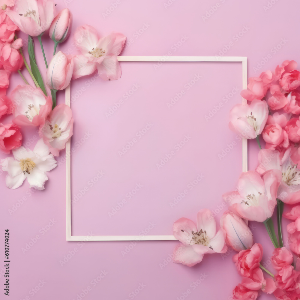 Pink empty frame with flowers. Illustration AI Generative.