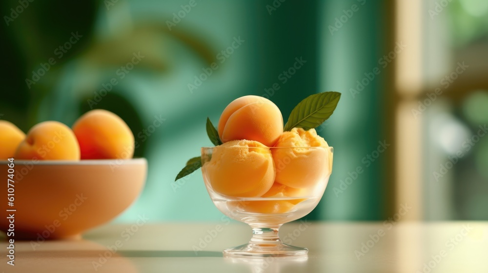 Peach ice cream with mint. Illustration AI Generative.