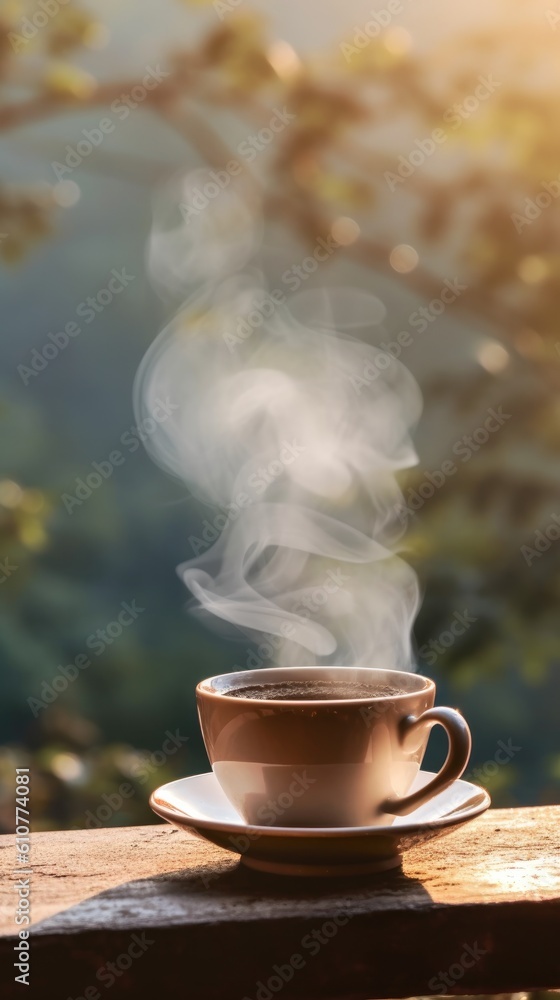 Cup of coffee on natural background. Illustration AI Generative.