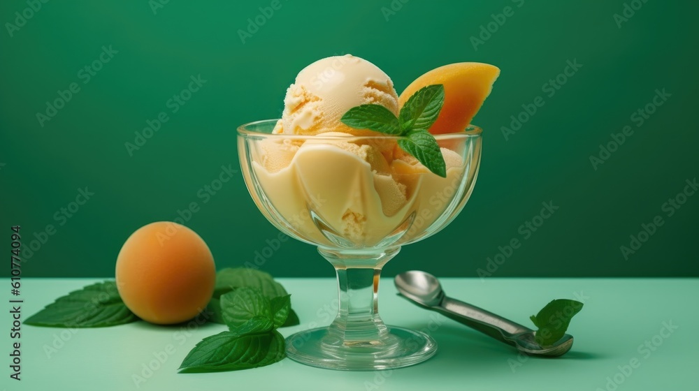 Peach ice cream with mint. Illustration AI Generative.