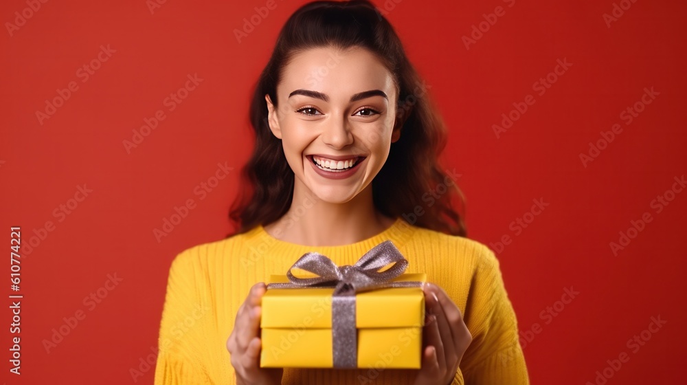 Beautiful girl with gift box. Illustration AI Generative.