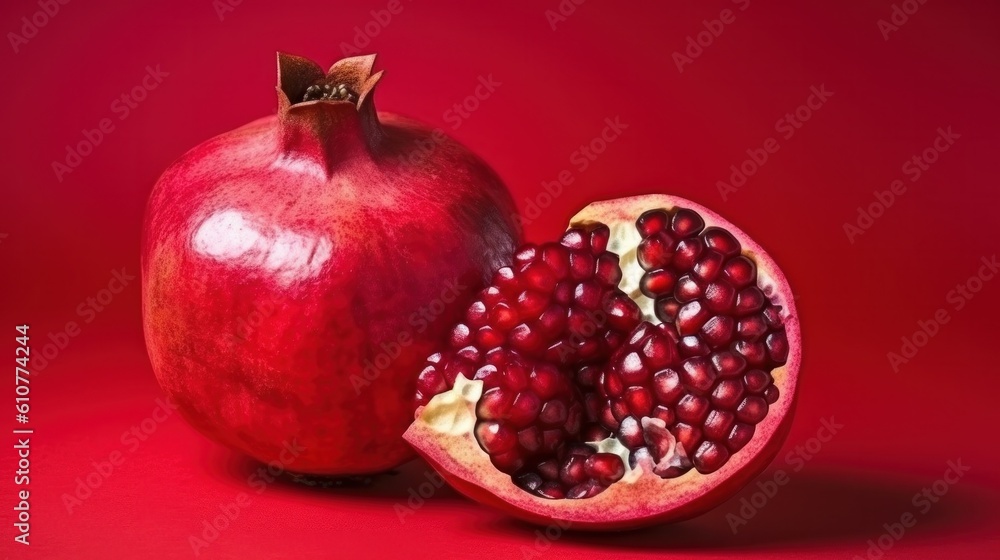 Pomegranate fruit on red background. Illustration AI Generative.