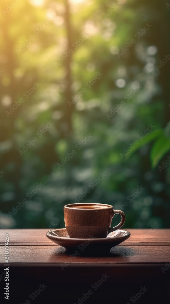 Cup of coffee on natural background. Illustration AI Generative.