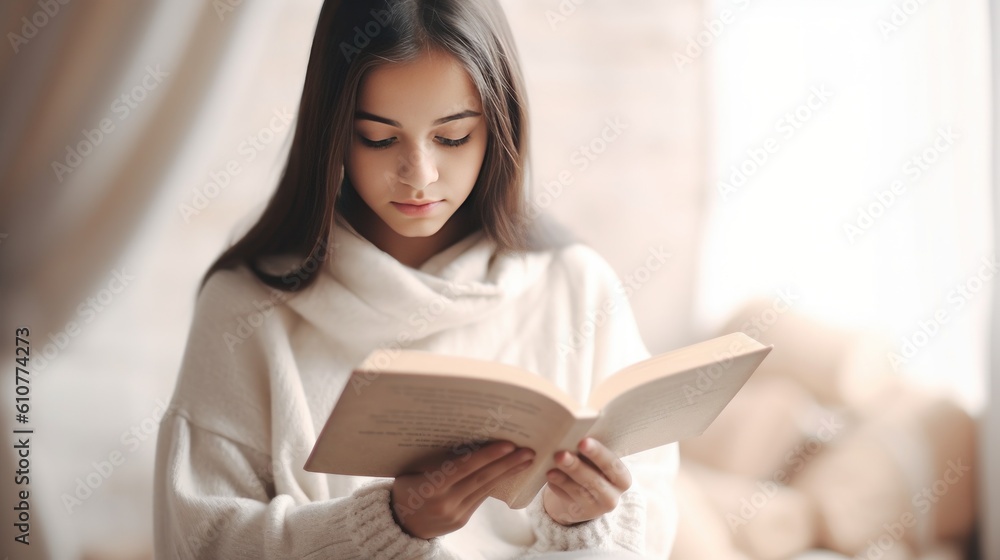 Young girl reads book. Illustration AI Generative.