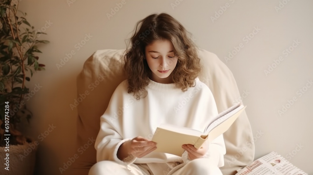 Young girl reads book. Illustration AI Generative.