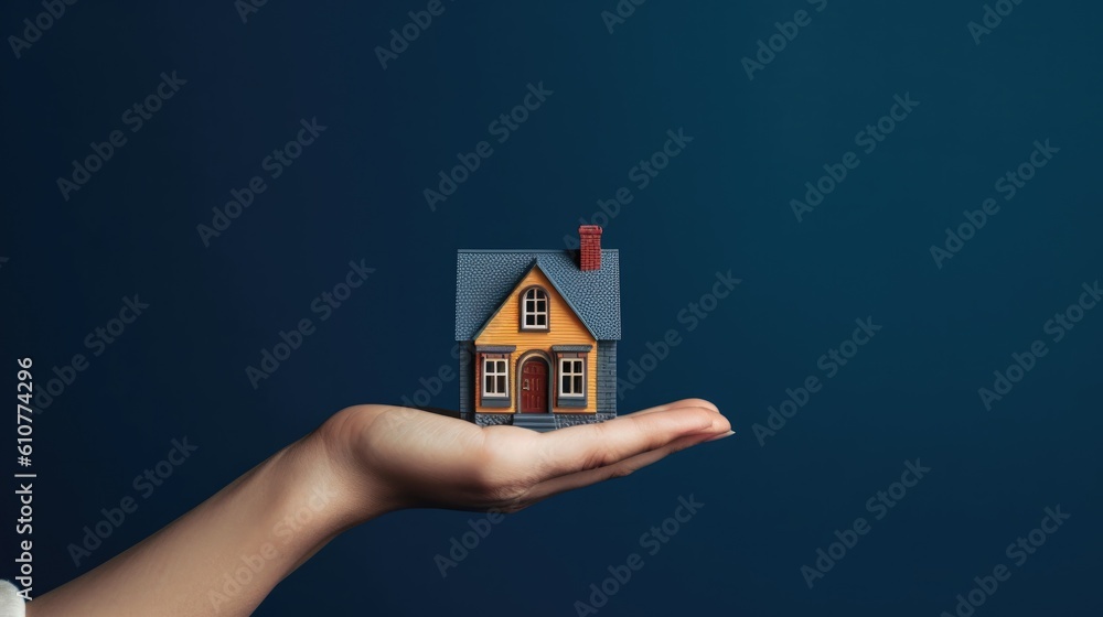 Hand holding little house. Illustration AI Generative.