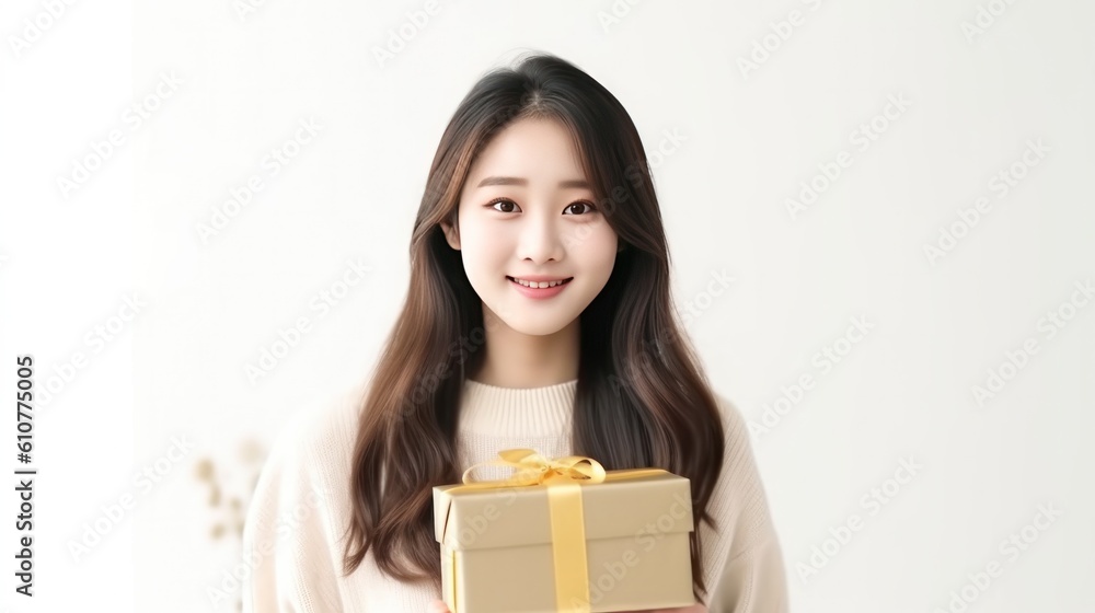 Happy Asian Girl with Gift Box. Illustration AI Generative.