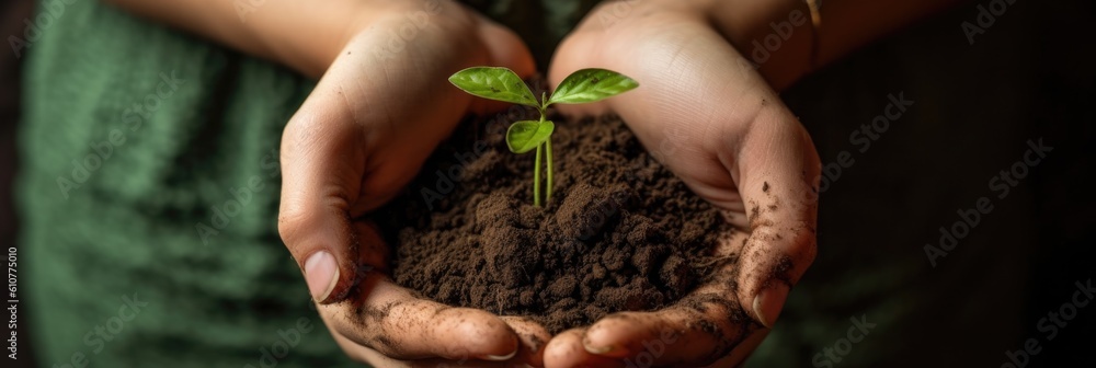 Hands holding green seedling, sprout over soil Illustration AI Generative