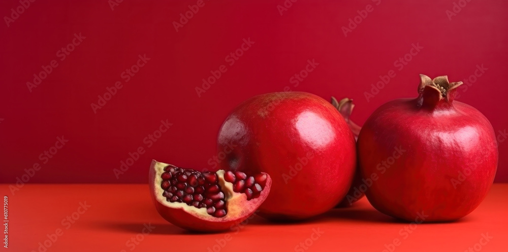 Pomegranate fruit on red background. Illustration AI Generative.