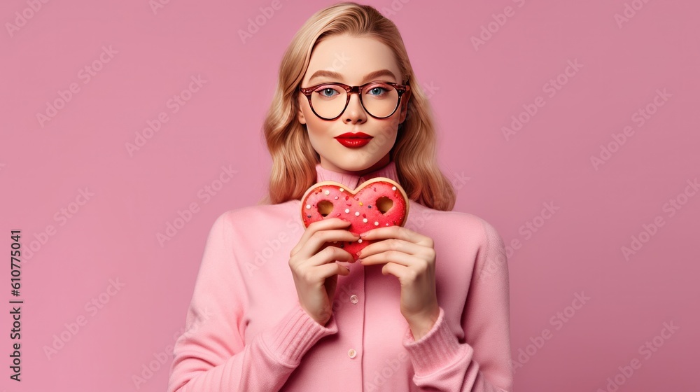 Girl with heart shape cookie. Illustration AI Generative.