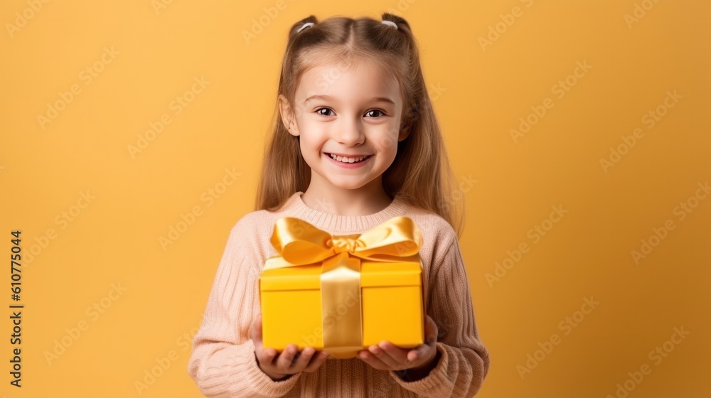 Beautiful girl with gift box. Illustration AI Generative.