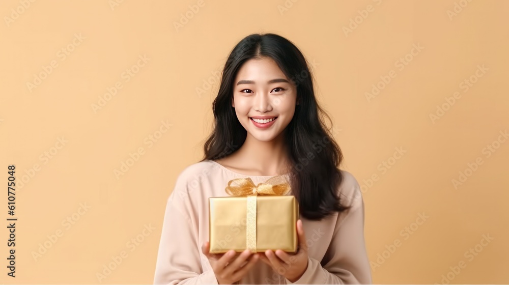 Happy Asian Girl with Gift Box. Illustration AI Generative.