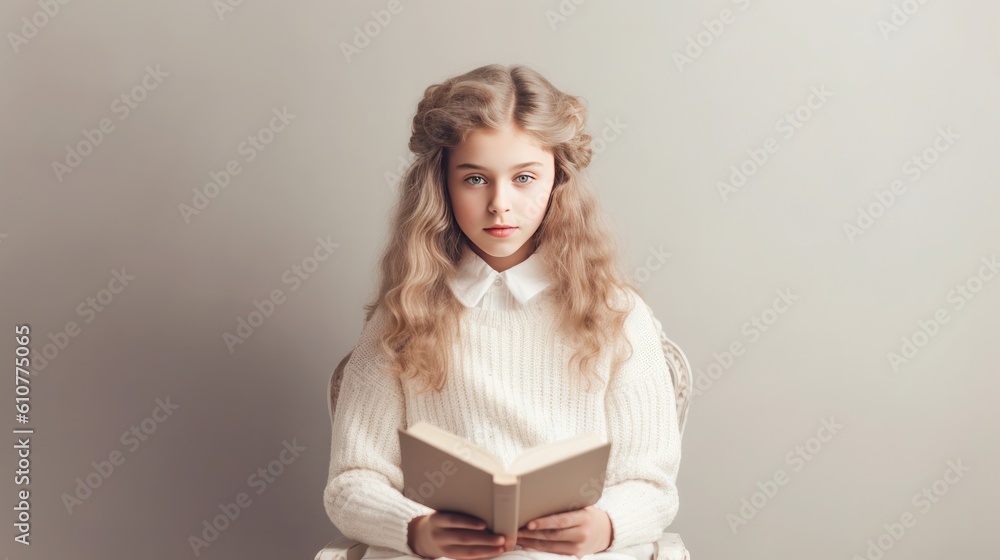 Young girl reads book. Illustration AI Generative.