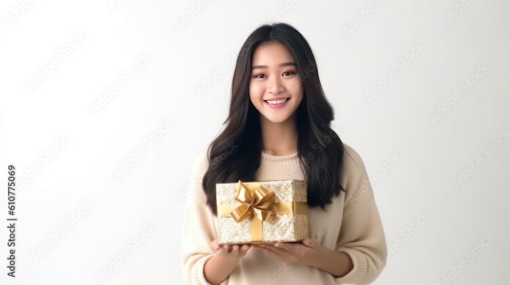 Happy Asian Girl with Gift Box. Illustration AI Generative.