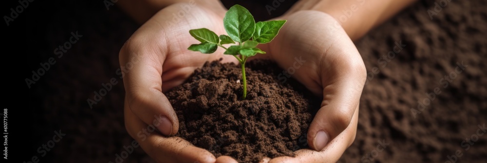 Hands holding green seedling, sprout over soil Illustration AI Generative