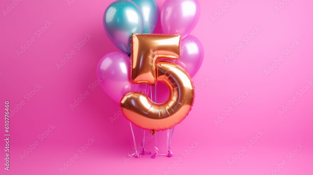 Pink background with balloon number 5. Illustration AI Generative.