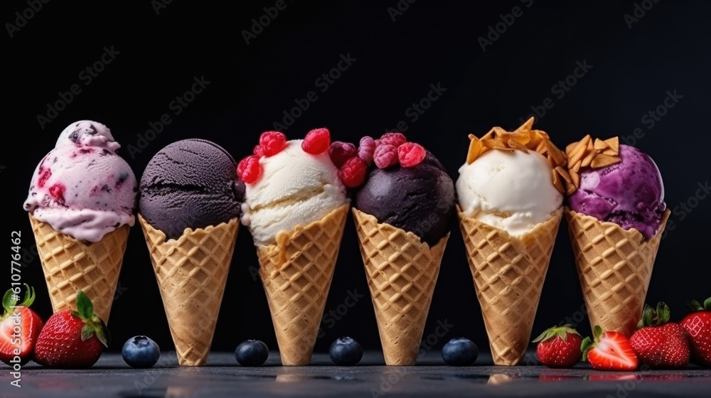 Various of ice cream. Illustration AI Generative.