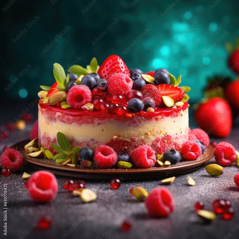 Raspberry cake. Illustration AI Generative.