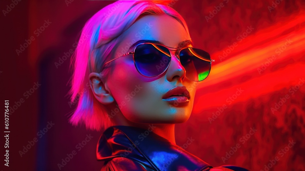 Neon girl in night club. Illustration AI Generative.