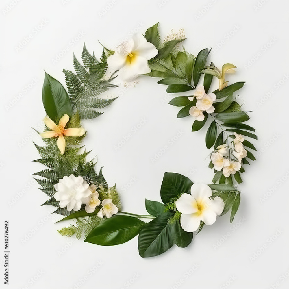 Green natural wreath on white. Illustration AI Generative.