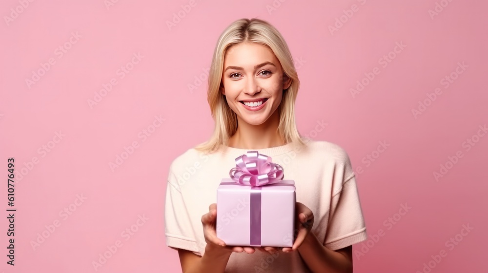 Beautiful girl with gift box. Illustration AI Generative.