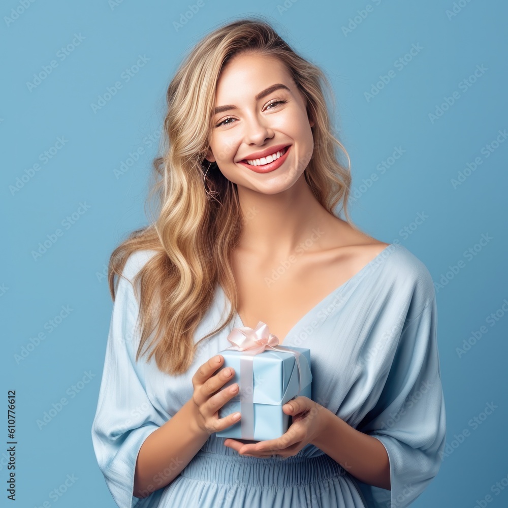 Beautiful girl with gift box. Illustration AI Generative.