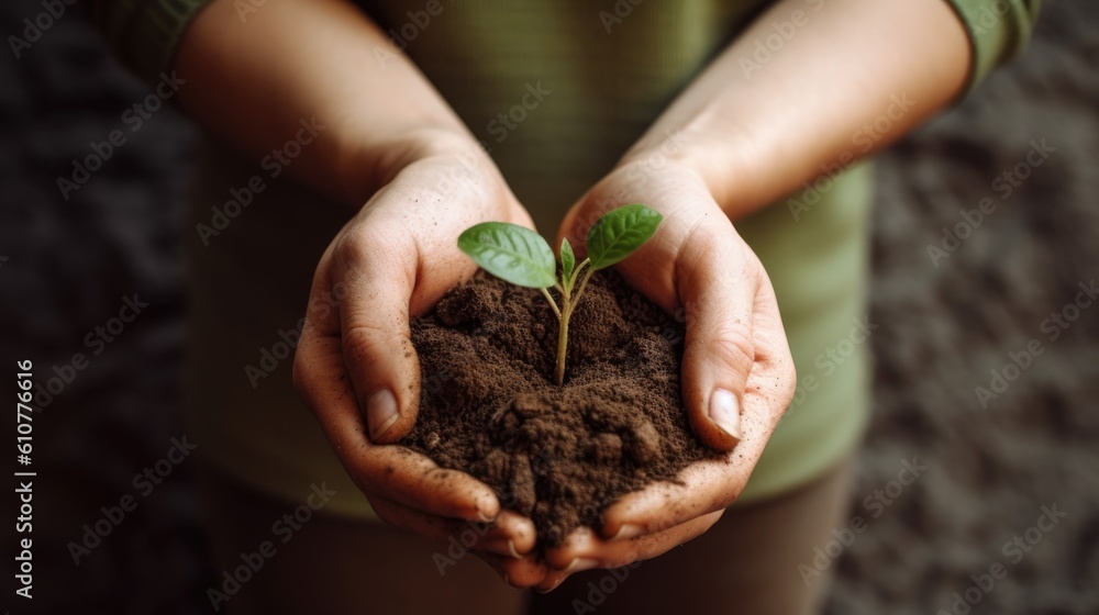 Hands holding green seedling, sprout over soil Illustration AI Generative