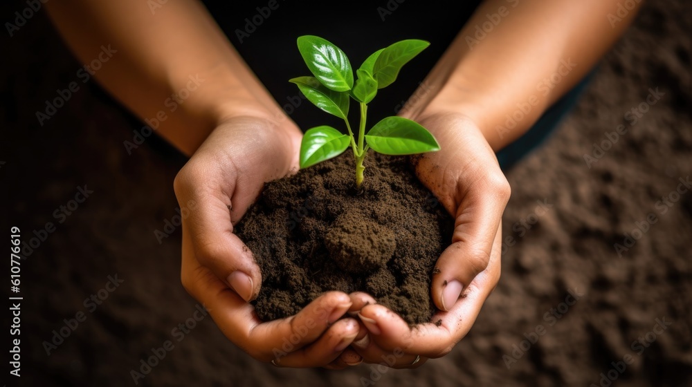 Hands holding green seedling, sprout over soil Illustration AI Generative