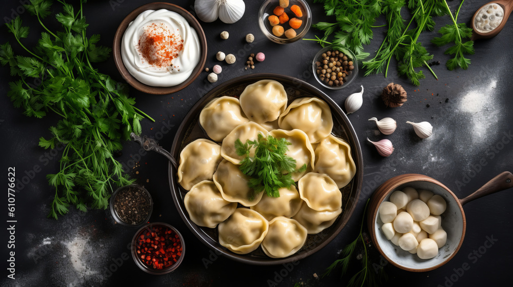 Traditional russian dumplings. Illustration AI Generative.