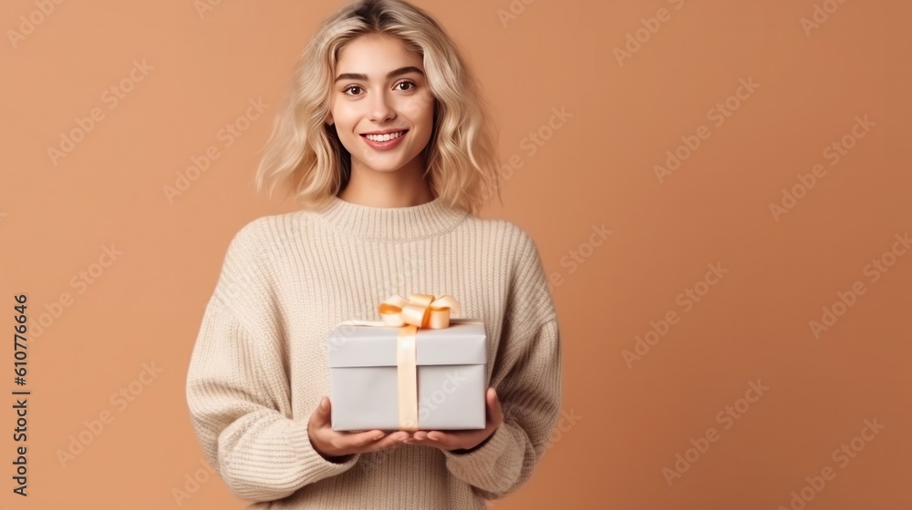 Beautiful girl with gift box. Illustration AI Generative.