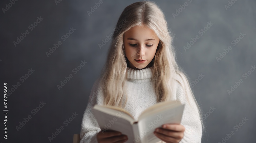 Young girl reads book. Illustration AI Generative.