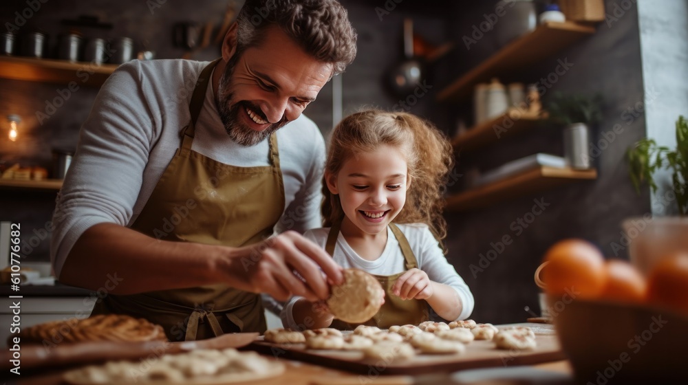 Happy father and daughter baking in a kitchen Illustration AI Generative.