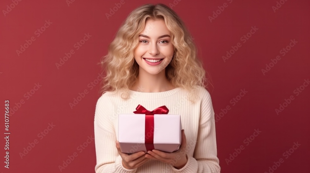 Beautiful girl with gift box. Illustration AI Generative.