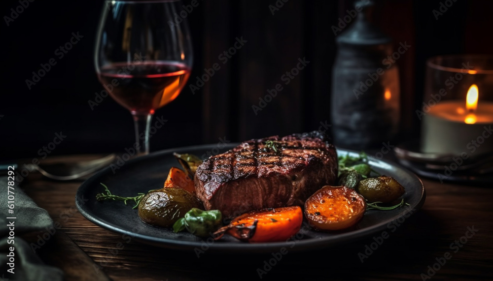 Grilled steak fillet on rustic wood plate, with wineglass background generated by AI